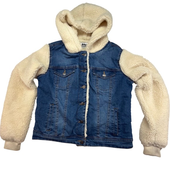 BHJ S.California Denim Jacket Teddy Bear Fleece Hooded Jean Jacket - Picture 1 of 10